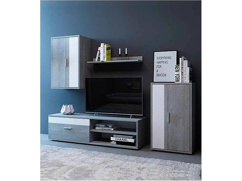 Mueble de salón de 196x230x38 cm de estilo nórdico con 3 módulos en color gris Bosco