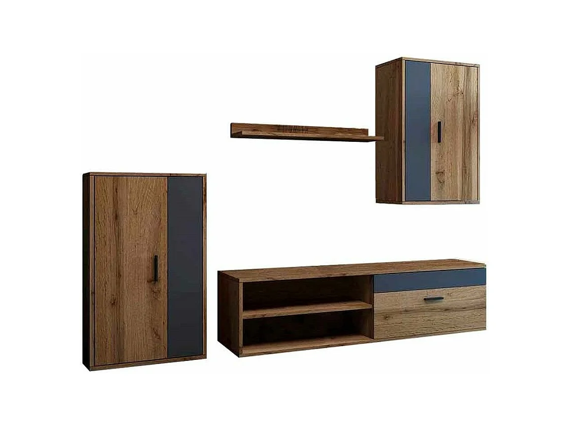 Mueble de salón de 196x230x38 cm de estilo nórdico con 3 módulos en marrón oscuro Bosco