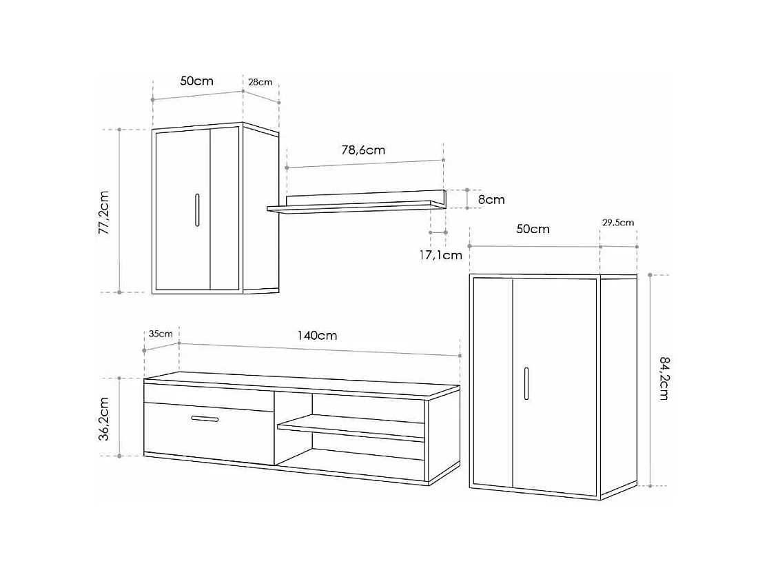 Mueble de salón de 196x230x38 cm de estilo nórdico con 3 módulos en marrón oscuro Bosco
