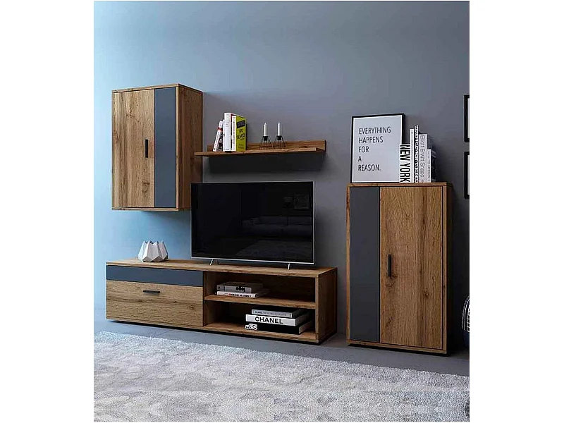 Mueble de salón de 196x230x38 cm de estilo nórdico con 3 módulos en marrón oscuro Bosco