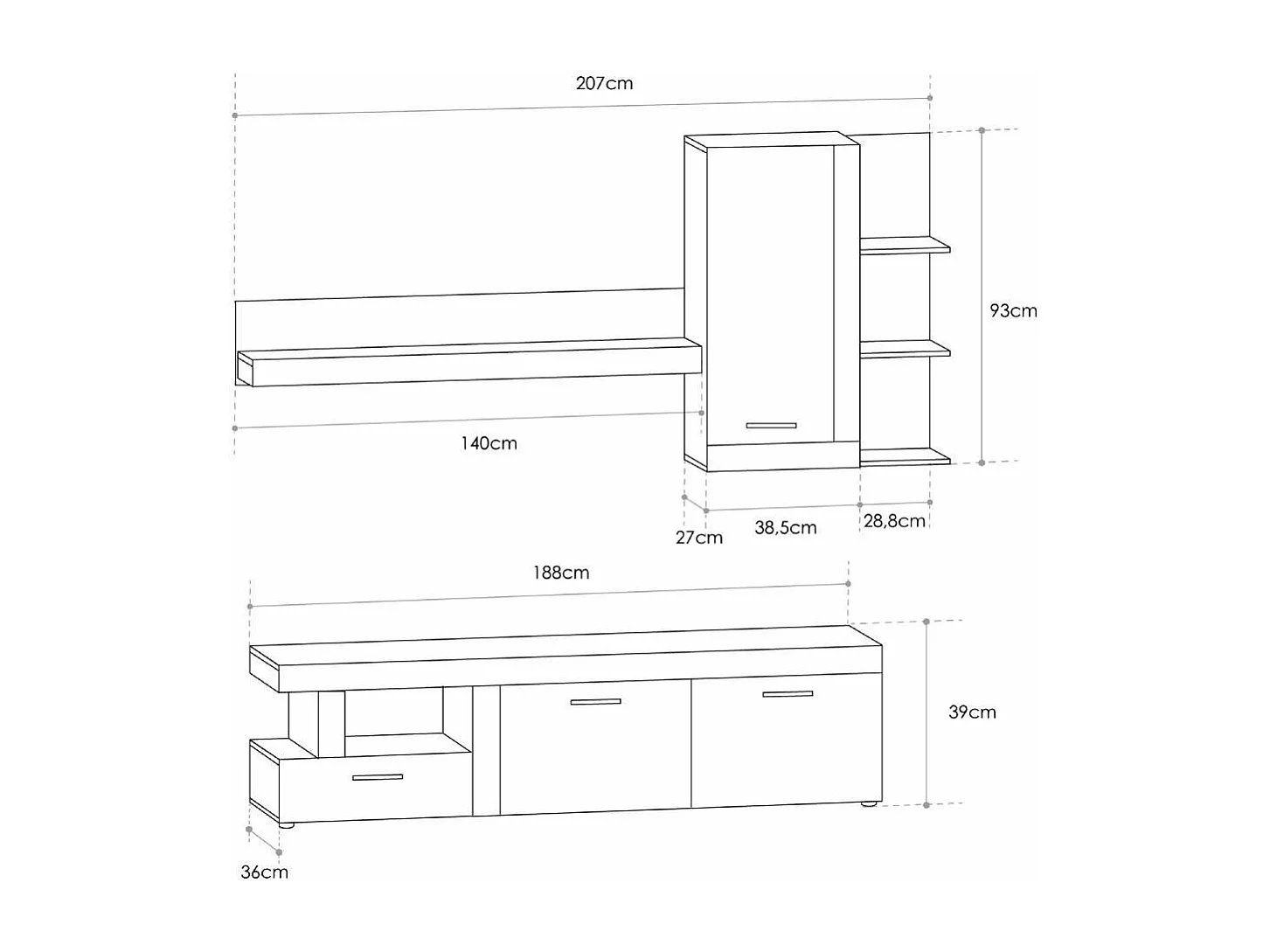 Mueble de salón de 194x217x41 cm de 2 módulos de diseño nórdico en color blanco Jelani