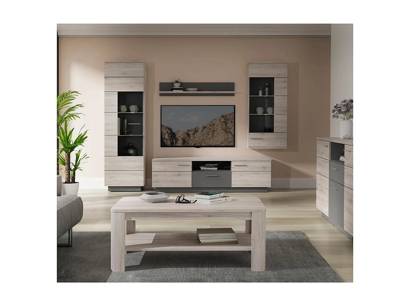 Mueble de salón de 201x240x52 cm de estilo rústico moderno  con 4 módulos en beige Jadiel