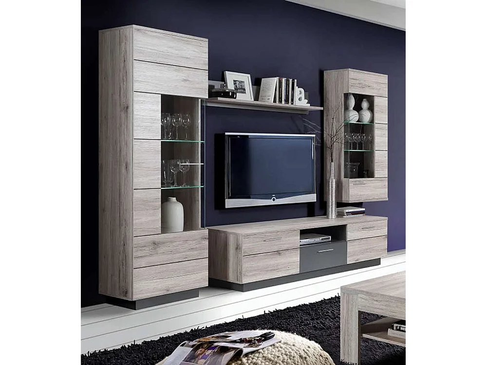 Mueble de salón de 201x240x52 cm de estilo rústico moderno  con 4 módulos en beige Jadiel