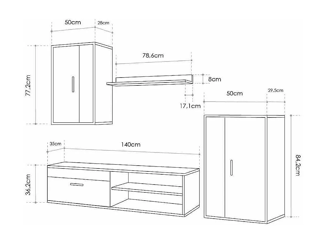 Mueble de salón de 196x230x38 cm de estilo nórdico con 3 módulos en color roble Bosco