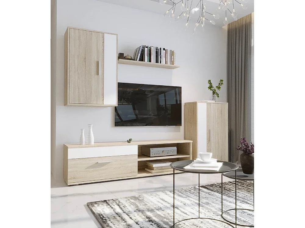 Mueble de salón de 196x230x38 cm de estilo nórdico con 3 módulos en color roble Bosco