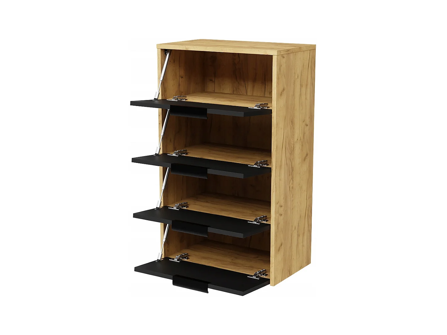 Mobile porta scarpe in rovere dorato Craft con cassettiera nera per ingresso moderno. Ideale per organizzare le scarpe in modo elegante e funzionale.