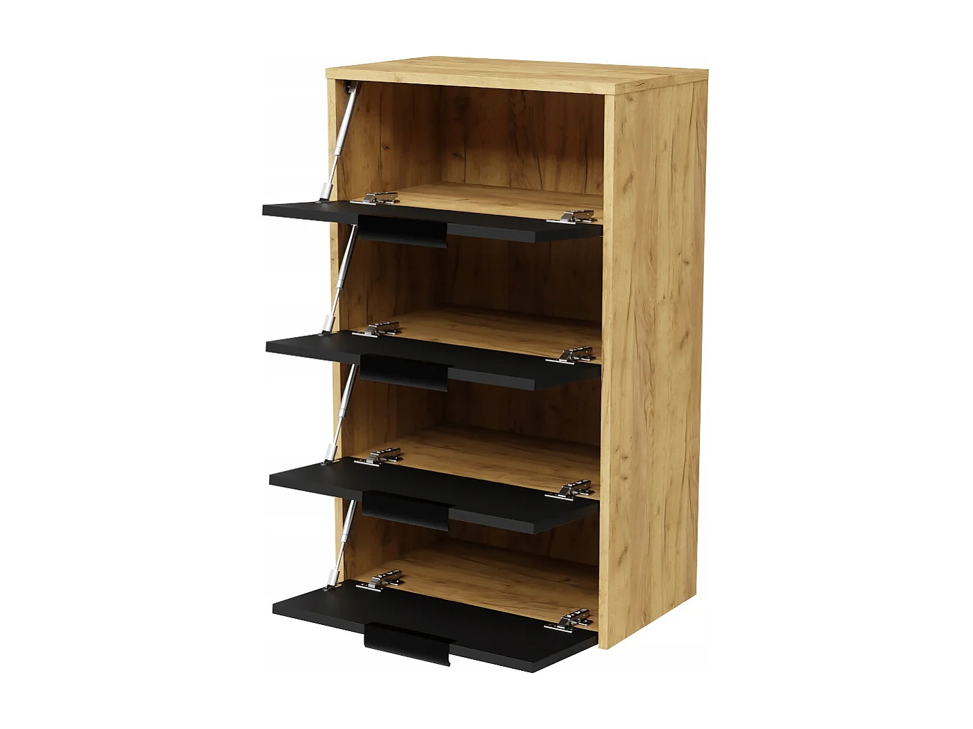 Armoire à chaussures en chêne doré Craft et commode noire pour hall d'entrée moderne. Étagère à chaussures.