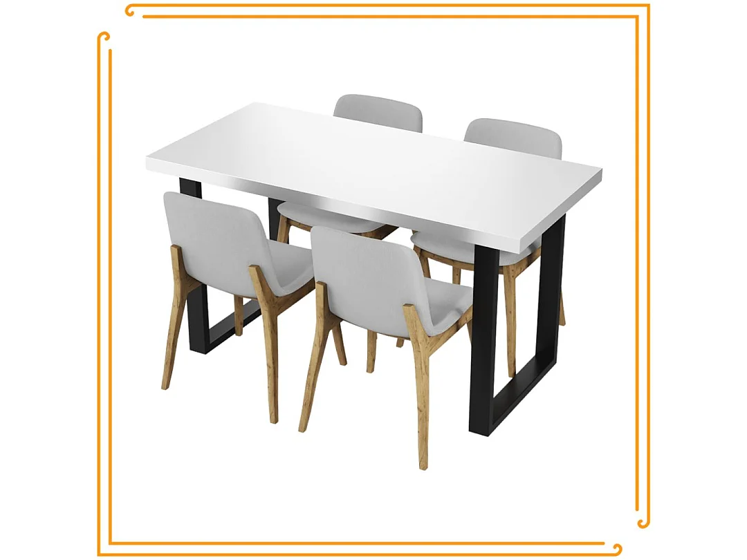 Table de cuisine pour salle à manger Loft, couleur blanc brillant avec pieds noirs.