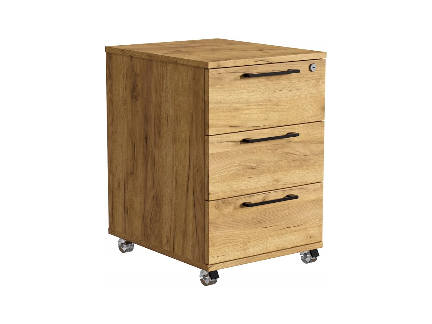 Conteneur de bureau mobile en chêne doré avec tiroirs sur roulettes.