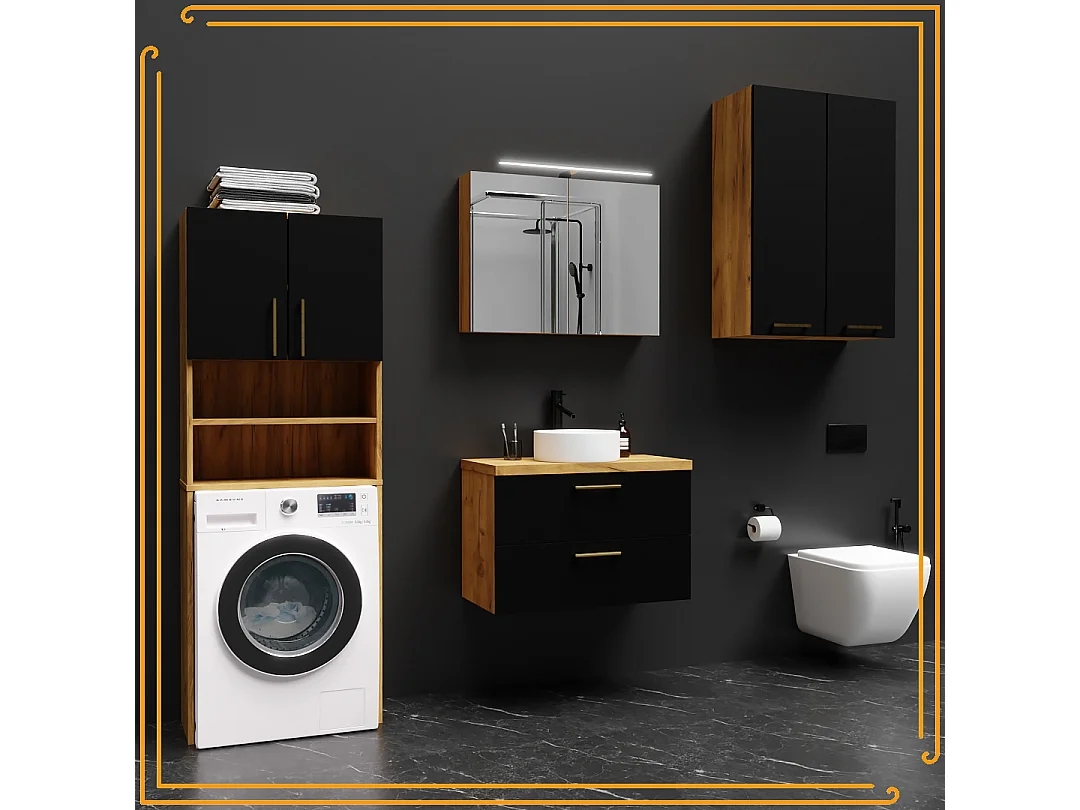 Badkamer Hangkast 60 cm Boven Wastafel Wasmachine Planken Eiken Craft Zwart