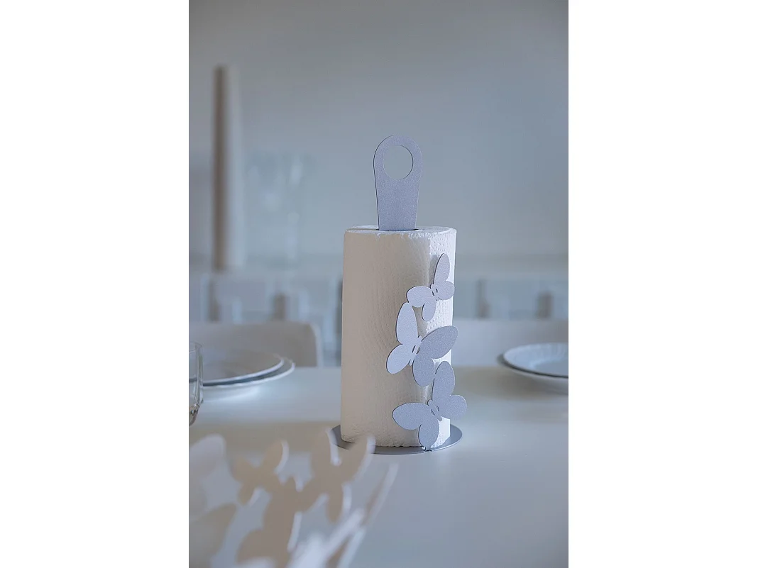 Suporte de rolo de mesa Butterfly branco, aço moderno para até 3 rolos, ideal para banheiro e cozinha, feito na Itália