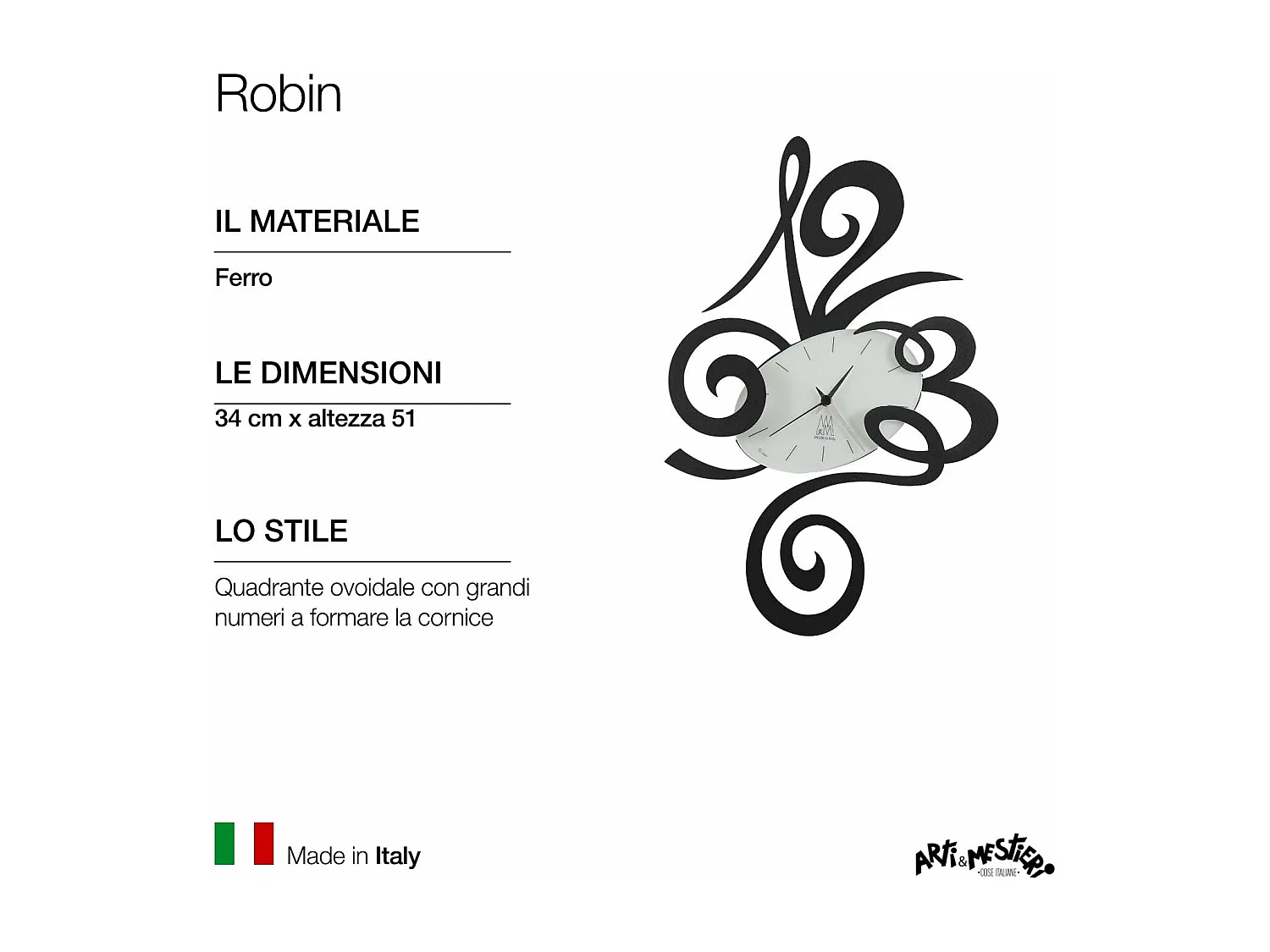 Orologio da parete Robin nero Ø45 cm in acciaio, design minimal e silenzioso per casa e ufficio, made in Italy