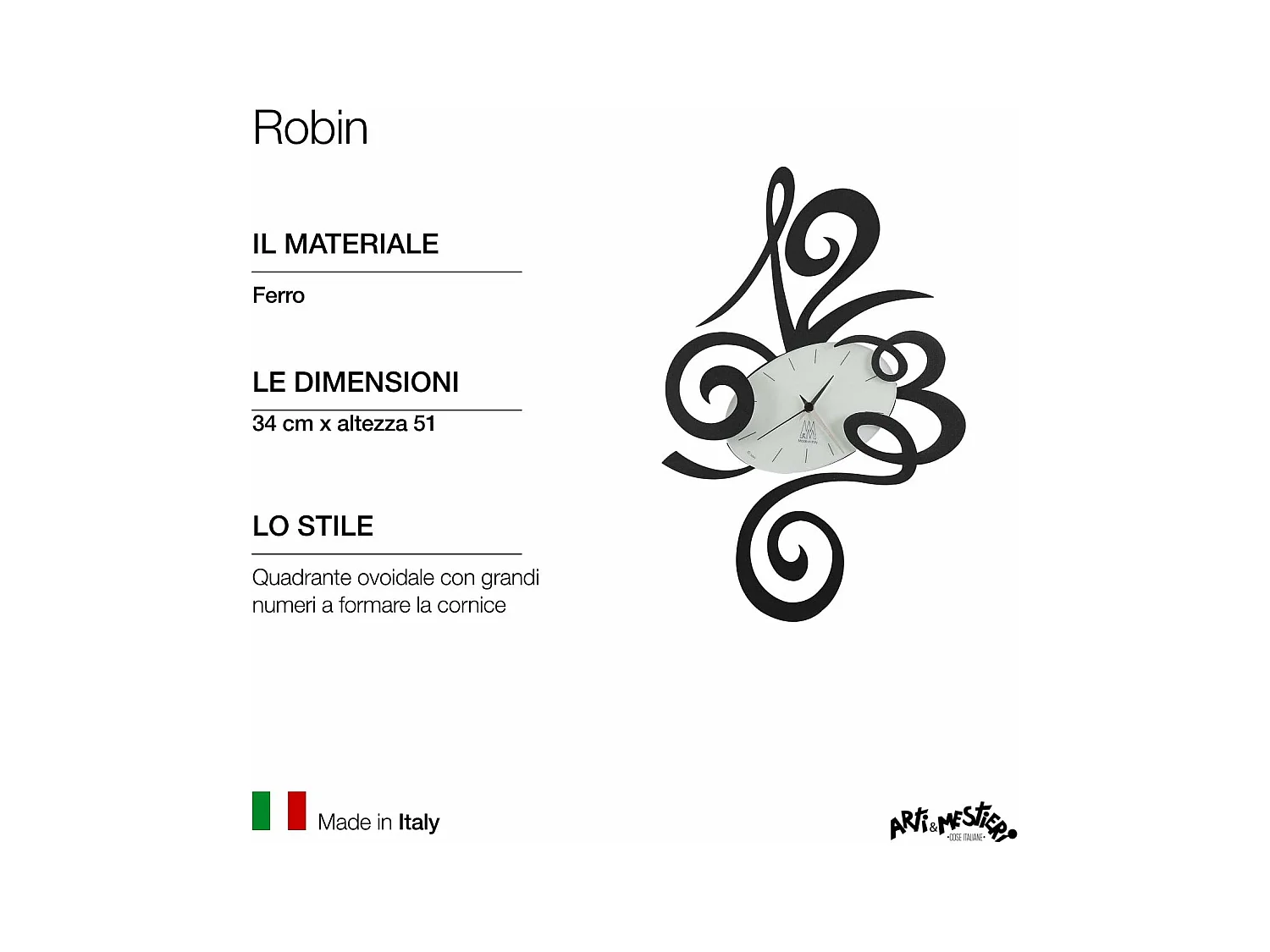 Robin wandklok Ø45 cm zwart staal, stil mechanisme, modern minimalistisch design, voor woonkamer of kantoor, Made in Italy