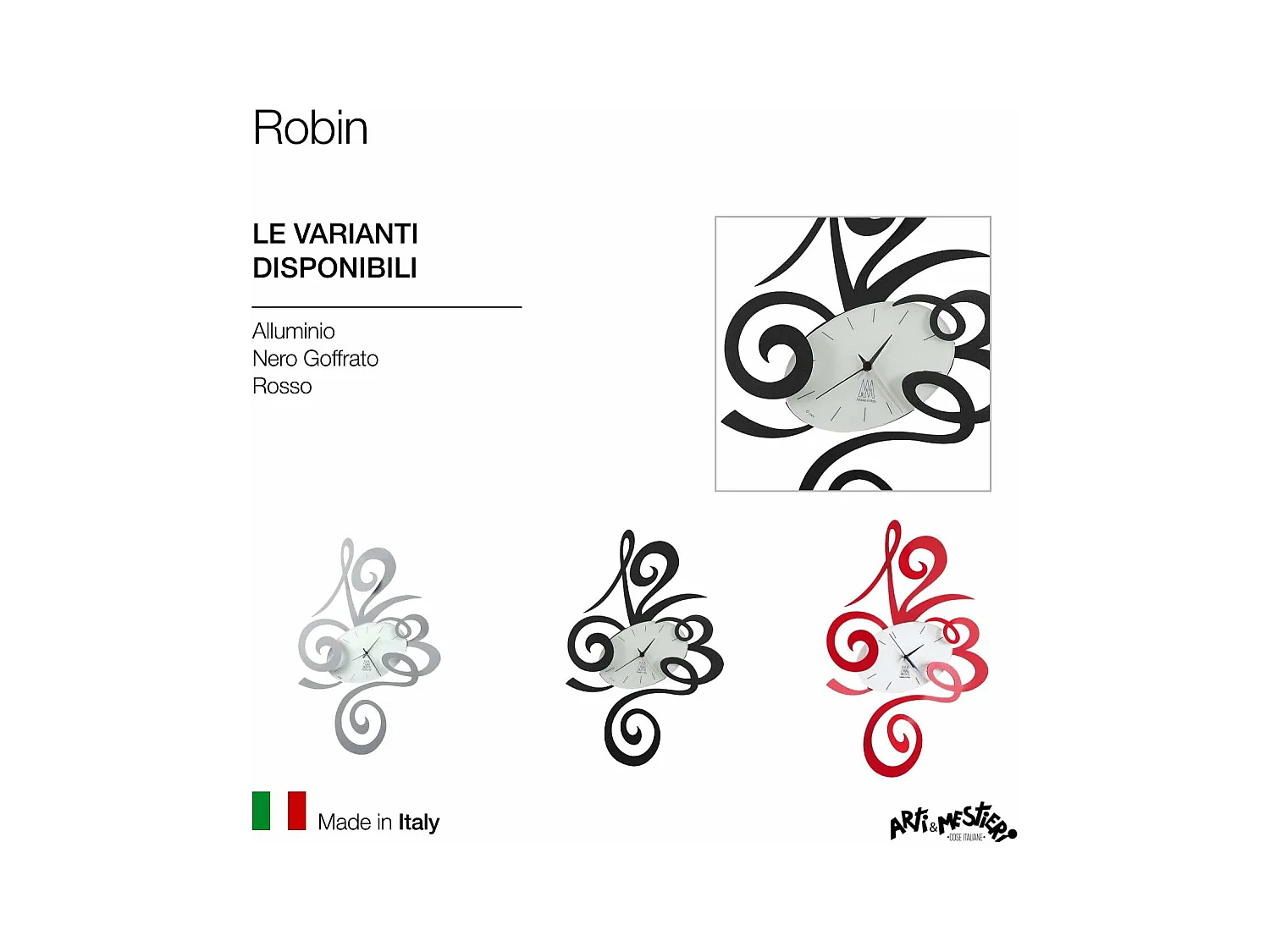 Robin wandklok Ø45 cm zwart staal, stil mechanisme, modern minimalistisch design, voor woonkamer of kantoor, Made in Italy