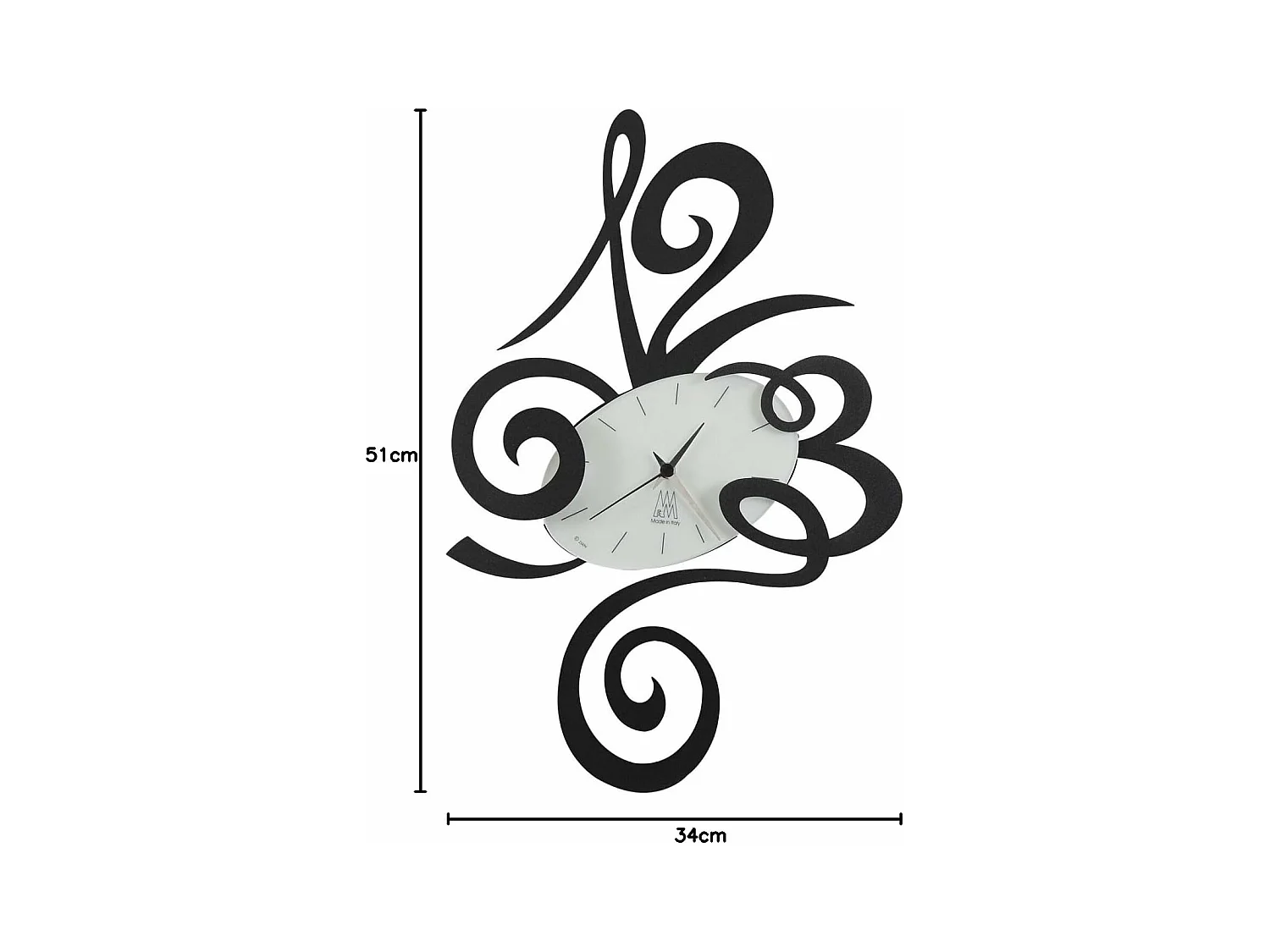 Robin wandklok Ø45 cm zwart staal, stil mechanisme, modern minimalistisch design, voor woonkamer of kantoor, Made in Italy