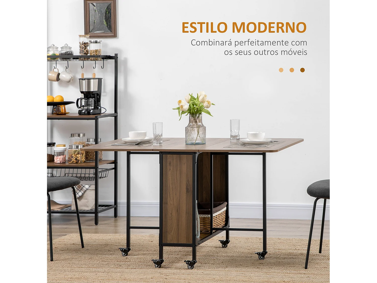 Mesa de Cozinha Dobrável HOMCOM com Rodas e Prateleira - Ideal para Espaços Pequenos e Refeições em Grupo
