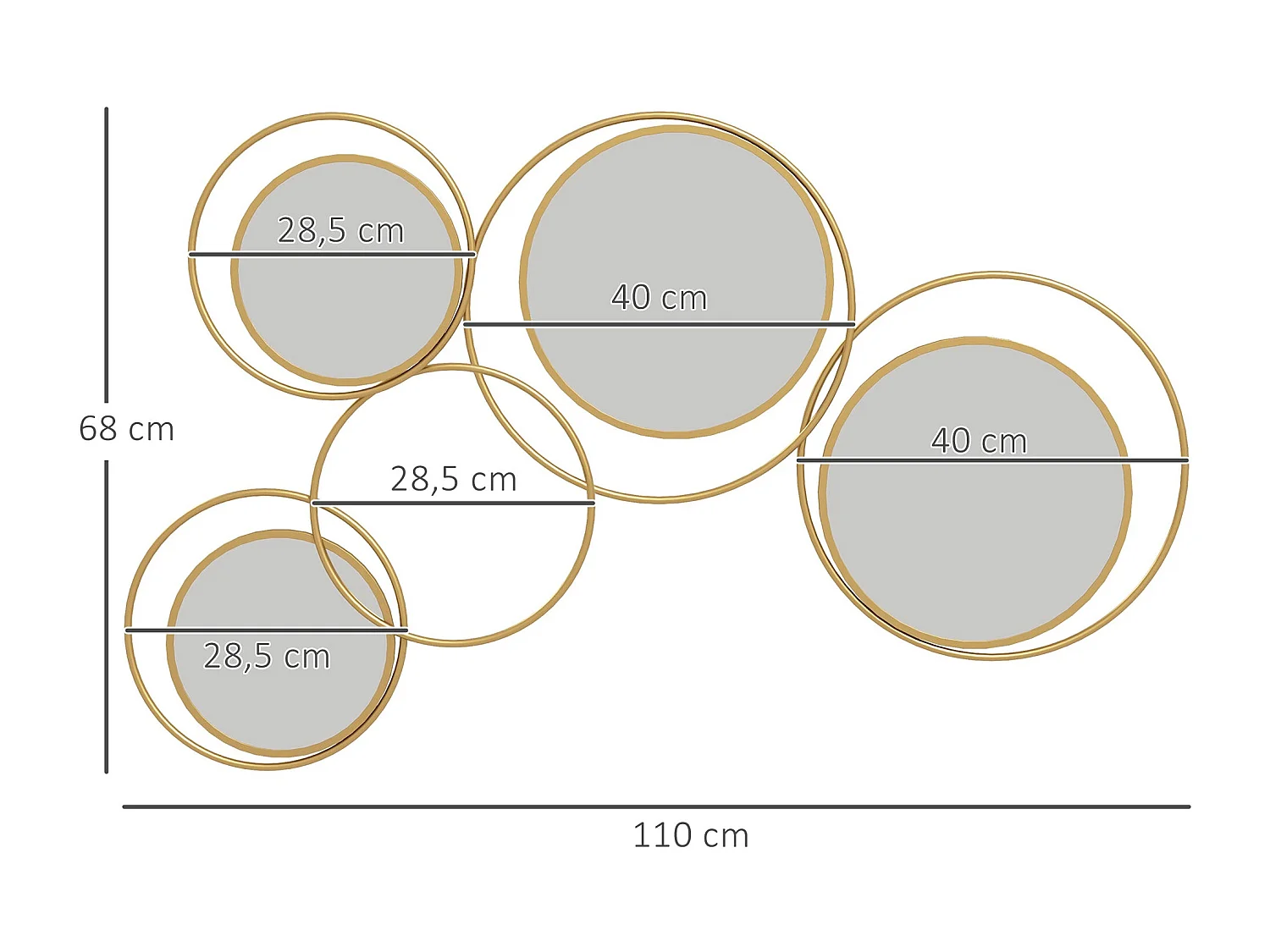 Espelho Decorativo de Parede em Metal 3D com 4 Espelhos Redondos - Dourado 110x68 cm