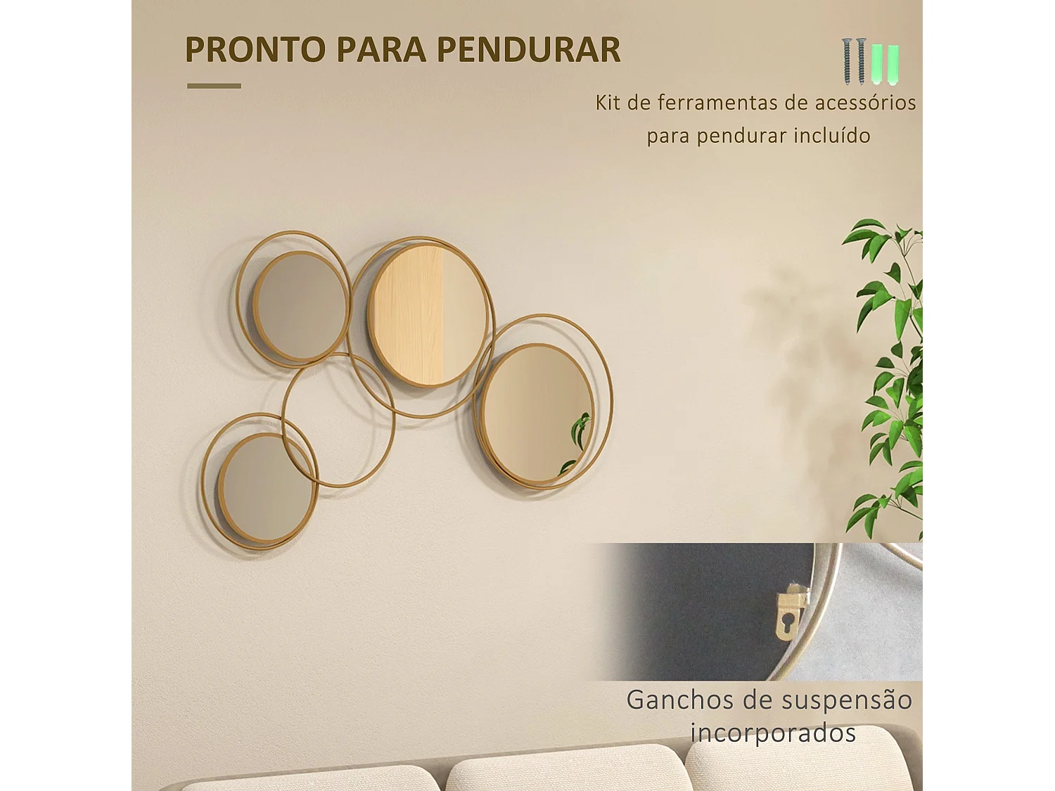 Espelho Decorativo de Parede em Metal 3D com 4 Espelhos Redondos - Dourado 110x68 cm