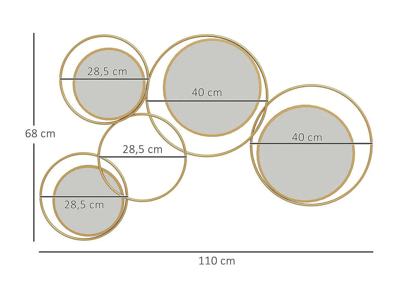 Espelho Decorativo de Parede em Metal 3D com 4 Espelhos Redondos - Dourado 110x68 cm