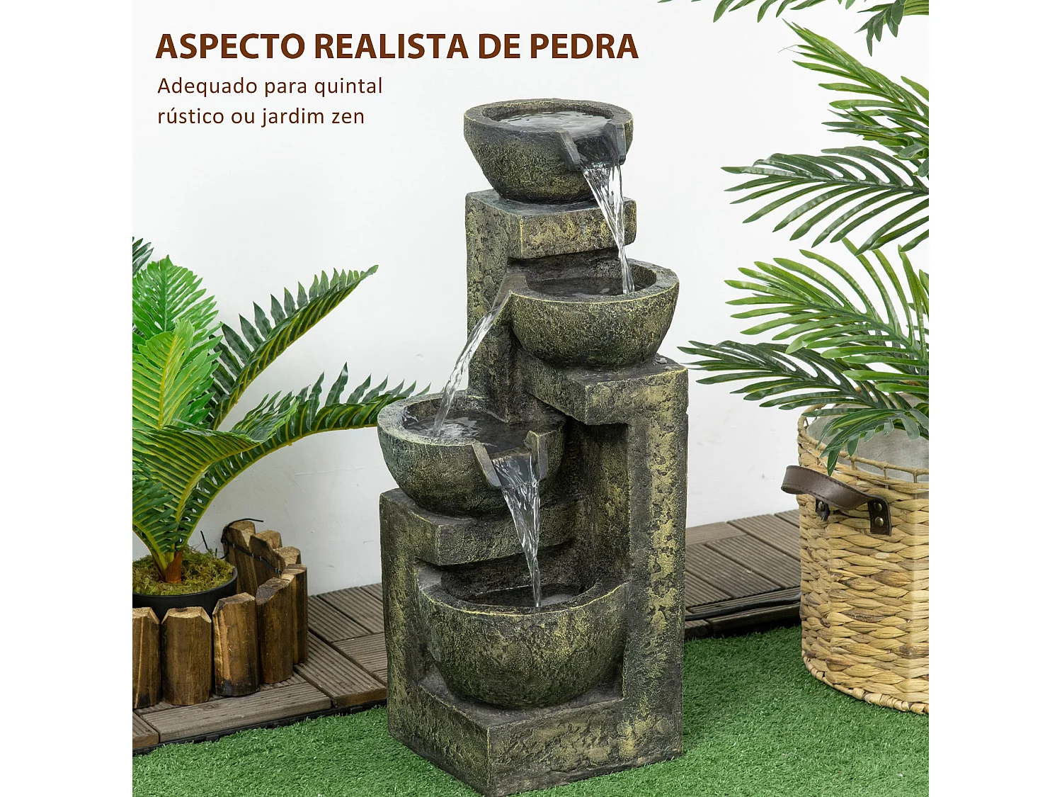 Fonte de Jardim em Cascata Multicolorida 5W com Bomba e Ajuste de Fluxo - 4 Níveis para Decoração Exterior