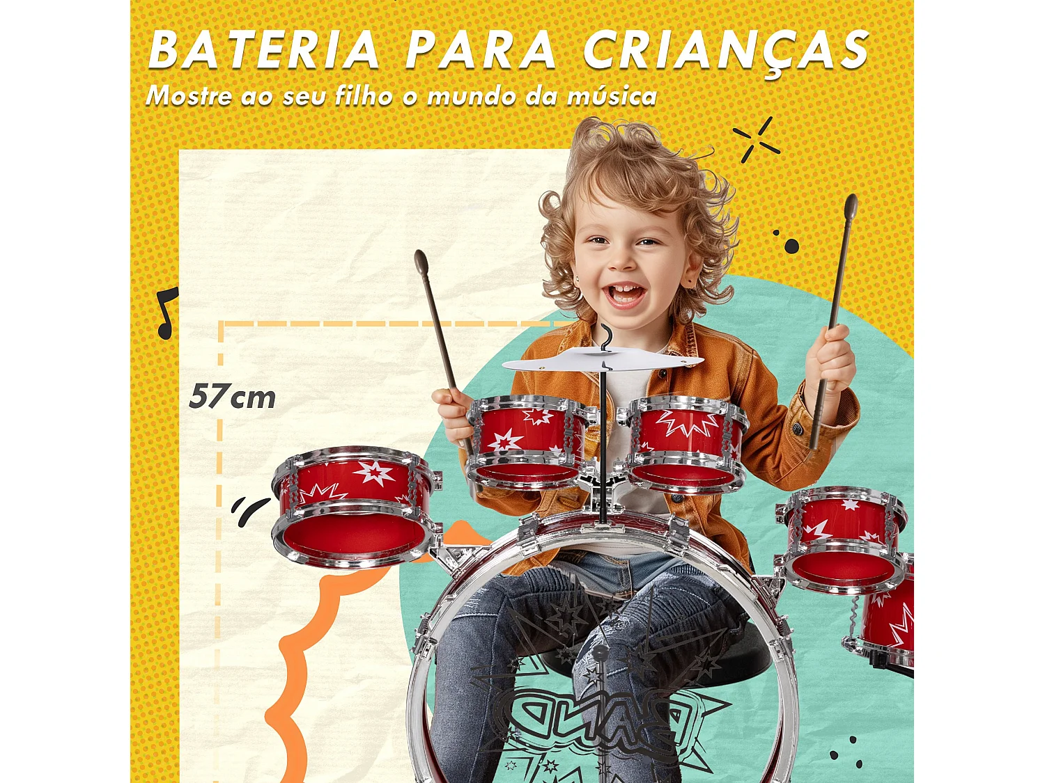 Bateria Infantil AIYAPLAY com Banco e Tambores - Musical para Crianças a Partir de 3 Anos - Tema Estrelas - Vermelho