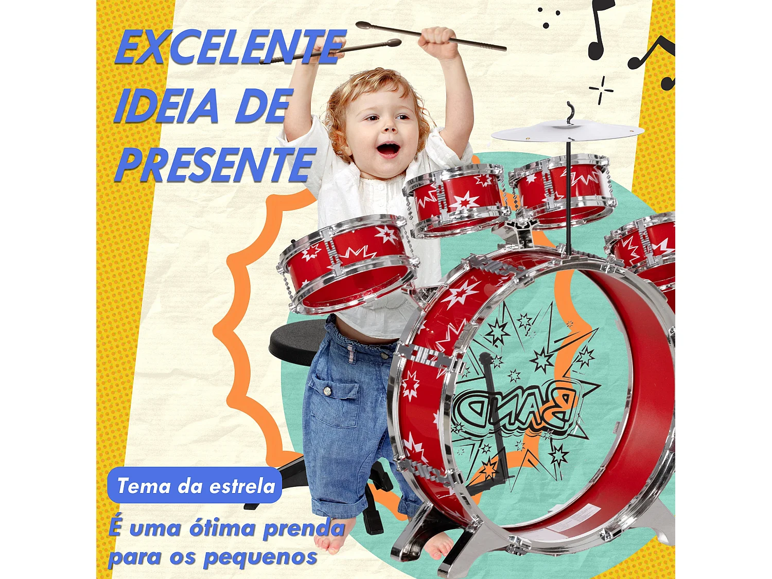 Bateria Infantil AIYAPLAY com Banco e Tambores - Musical para Crianças a Partir de 3 Anos - Tema Estrelas - Vermelho