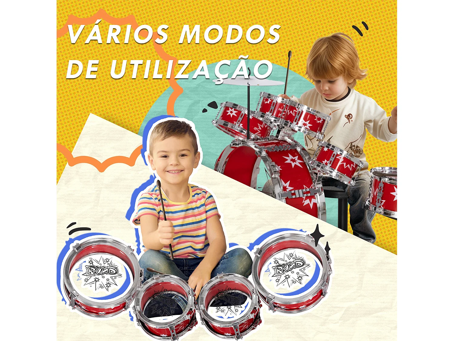 Bateria Infantil AIYAPLAY com Banco e Tambores - Musical para Crianças a Partir de 3 Anos - Tema Estrelas - Vermelho