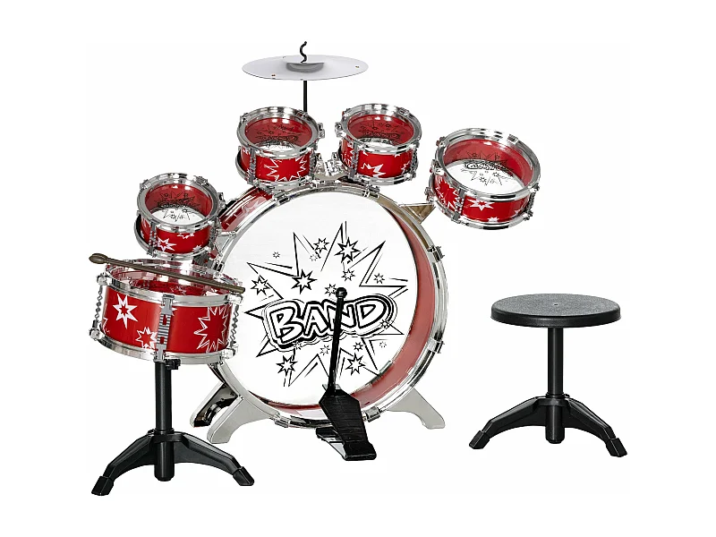 Bateria Infantil AIYAPLAY com Banco e Tambores - Musical para Crianças a Partir de 3 Anos - Tema Estrelas - Vermelho