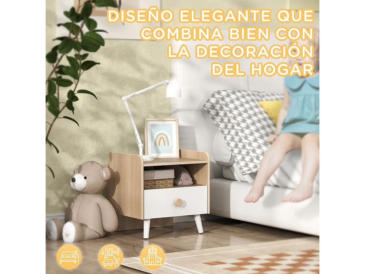 Mesita de noche infantil Drácena Aiyaplay 1 compartimento + cajón +3A blanco/natural 40x40x32,5 cm