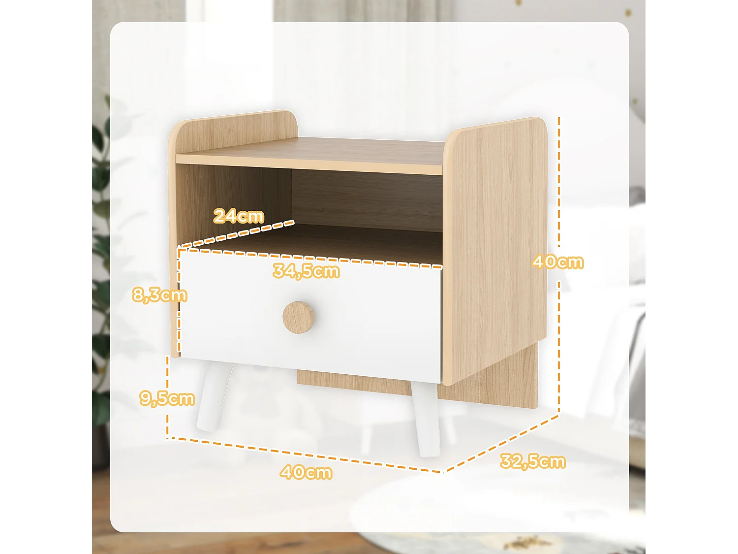 Mesita de noche infantil Drácena Aiyaplay 1 compartimento + cajón +3A blanco/natural 40x40x32,5 cm