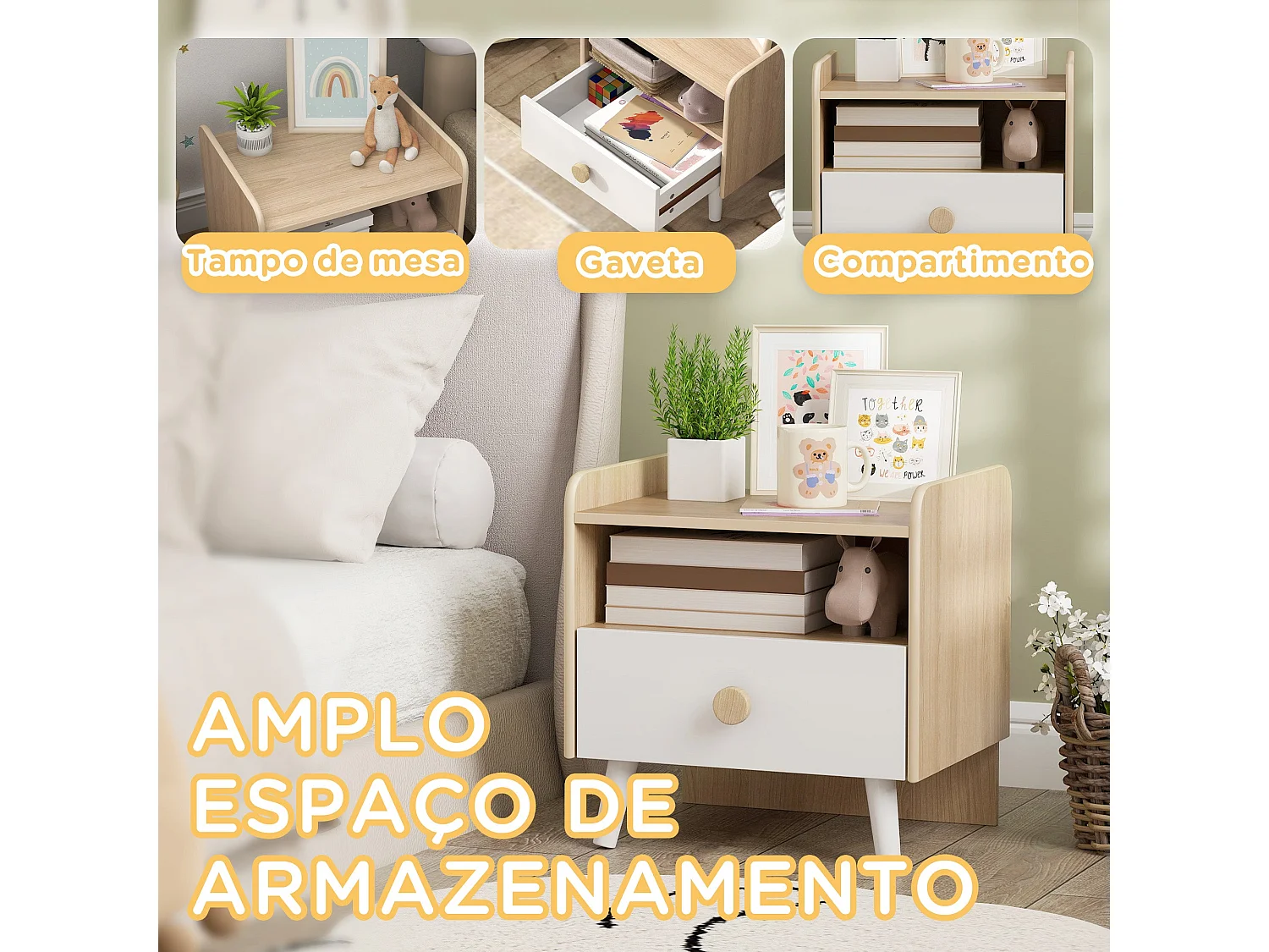 Mesita de noche infantil Drácena Aiyaplay 1 compartimento + cajón +3A blanco/natural 40x40x32,5 cm