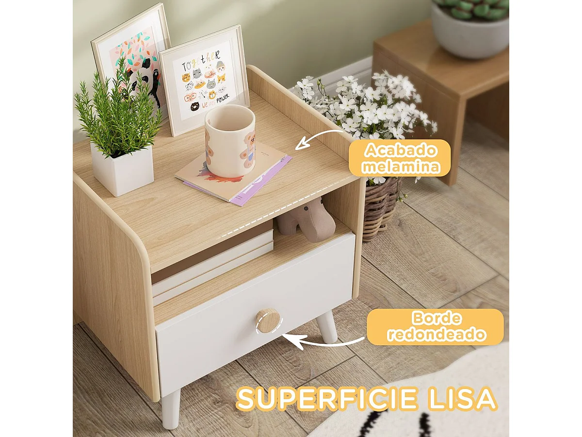 Mesita de noche infantil Drácena Aiyaplay 1 compartimento + cajón +3A blanco/natural 40x40x32,5 cm