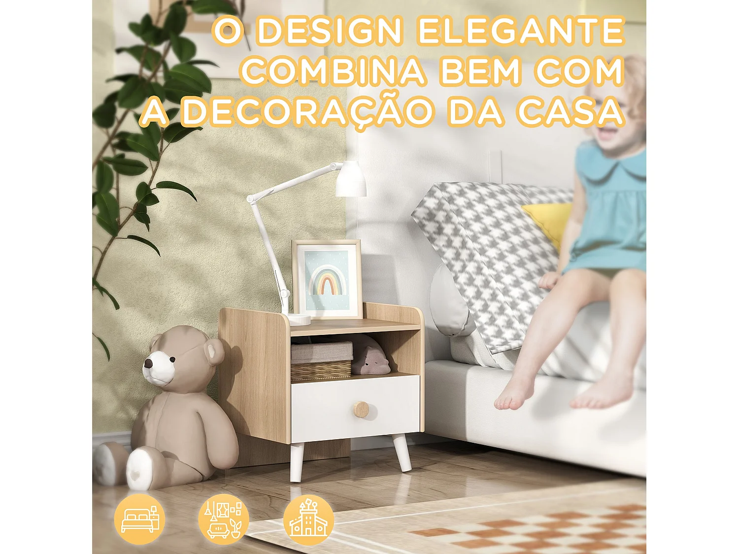 Mesita de noche infantil Drácena Aiyaplay 1 compartimento + cajón +3A blanco/natural 40x40x32,5 cm