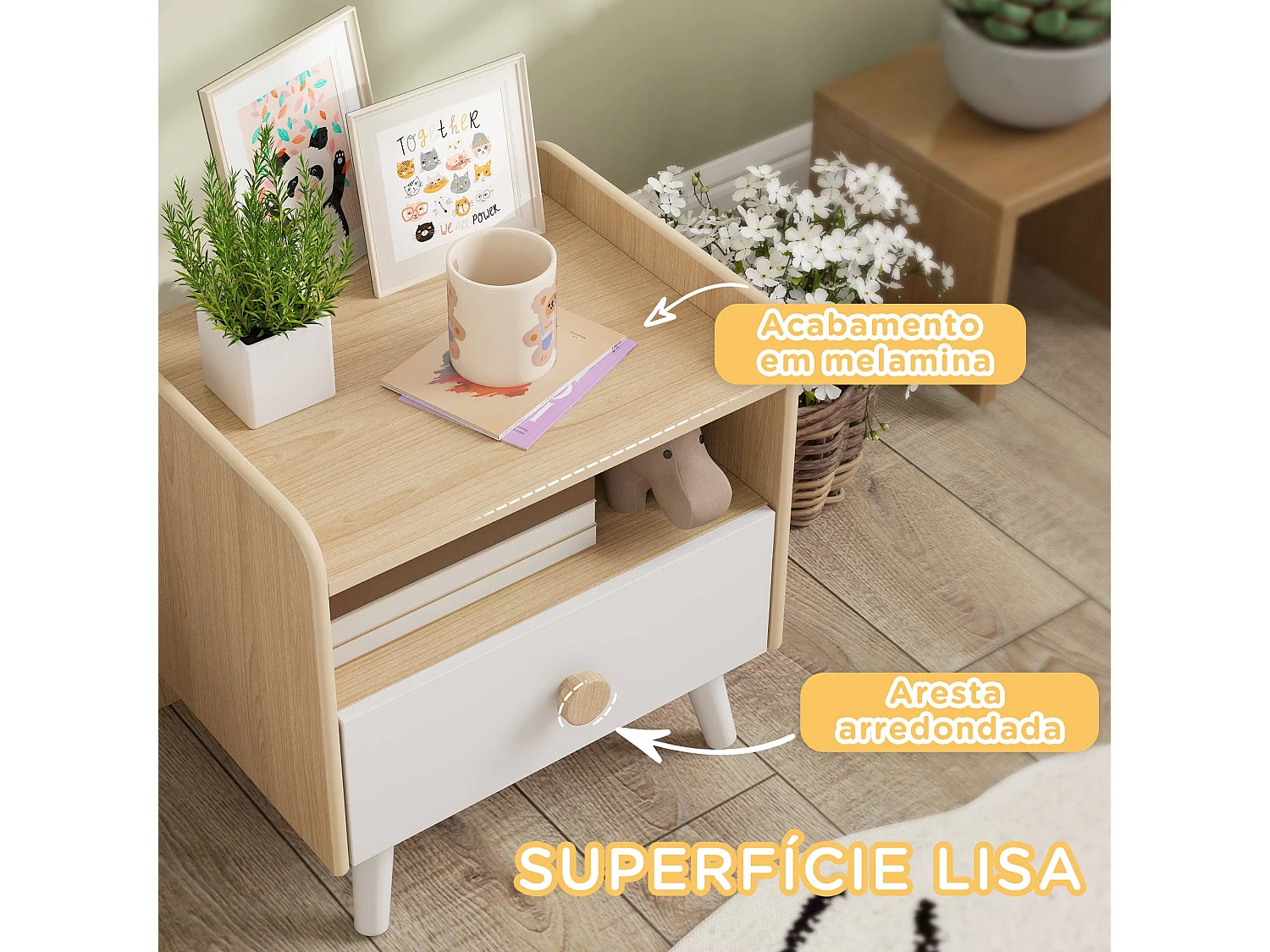 Mesita de noche infantil Drácena Aiyaplay 1 compartimento + cajón +3A blanco/natural 40x40x32,5 cm