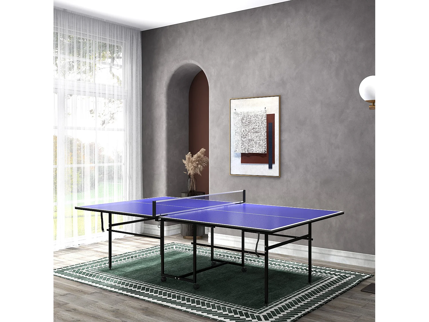 Mesa de Ping Pong Dobrável Profissional Azul com Rodas, Rede, Raquetes e Bolas - 274x152,5 cm