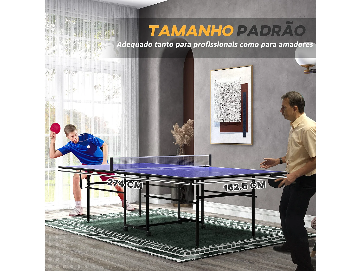 Mesa de Ping Pong Dobrável Profissional Azul com Rodas, Rede, Raquetes e Bolas - 274x152,5 cm