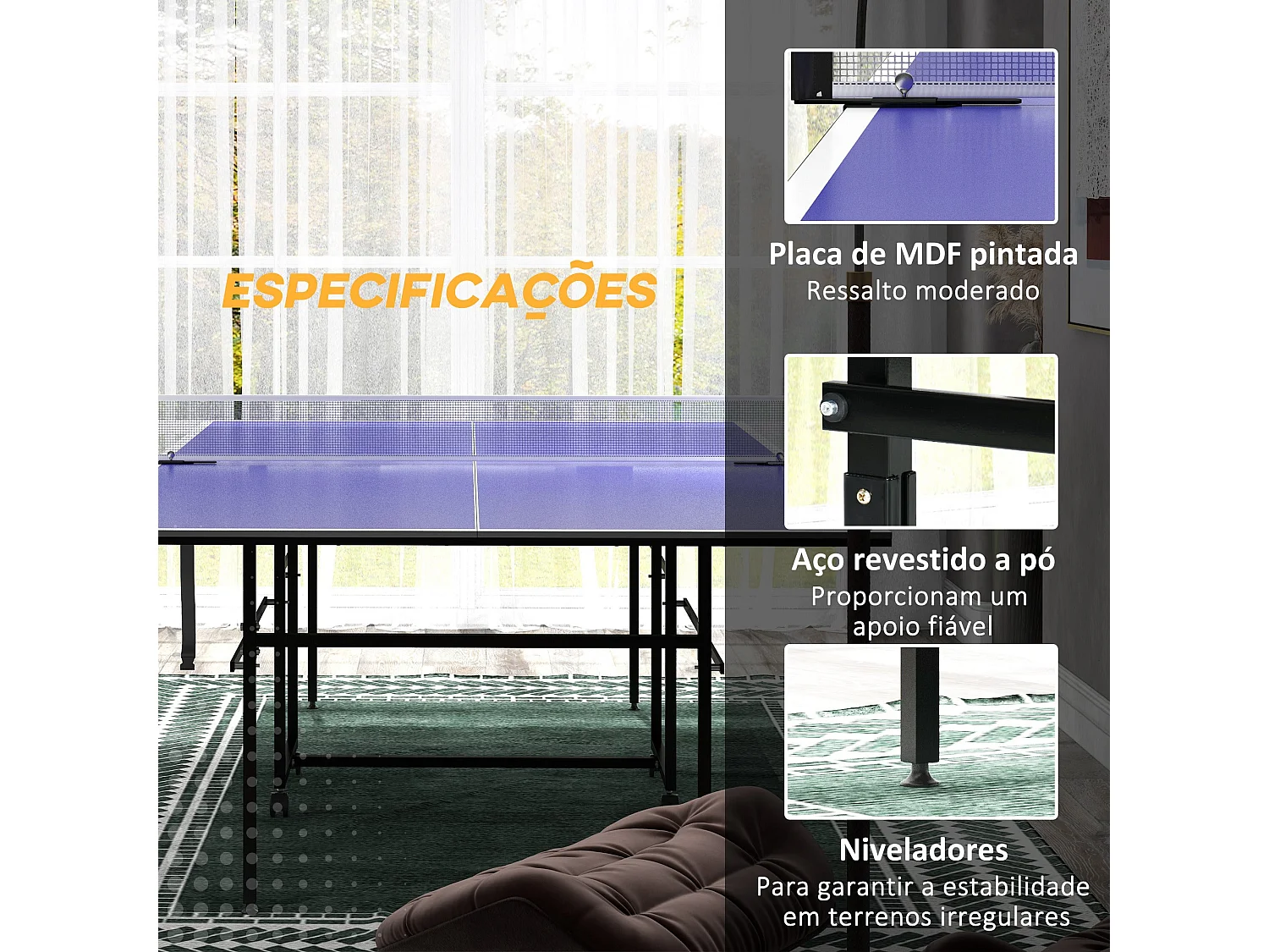 Mesa de Ping Pong Dobrável Profissional Azul com Rodas, Rede, Raquetes e Bolas - 274x152,5 cm