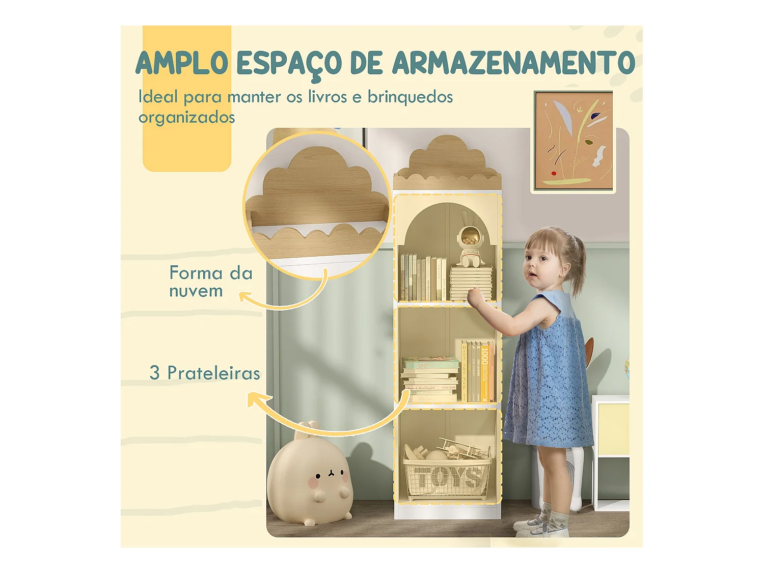 Estantería infantil Camelia Aiyaplay 3 estantes +3A blanco/natural 139,5x40x30 cm
