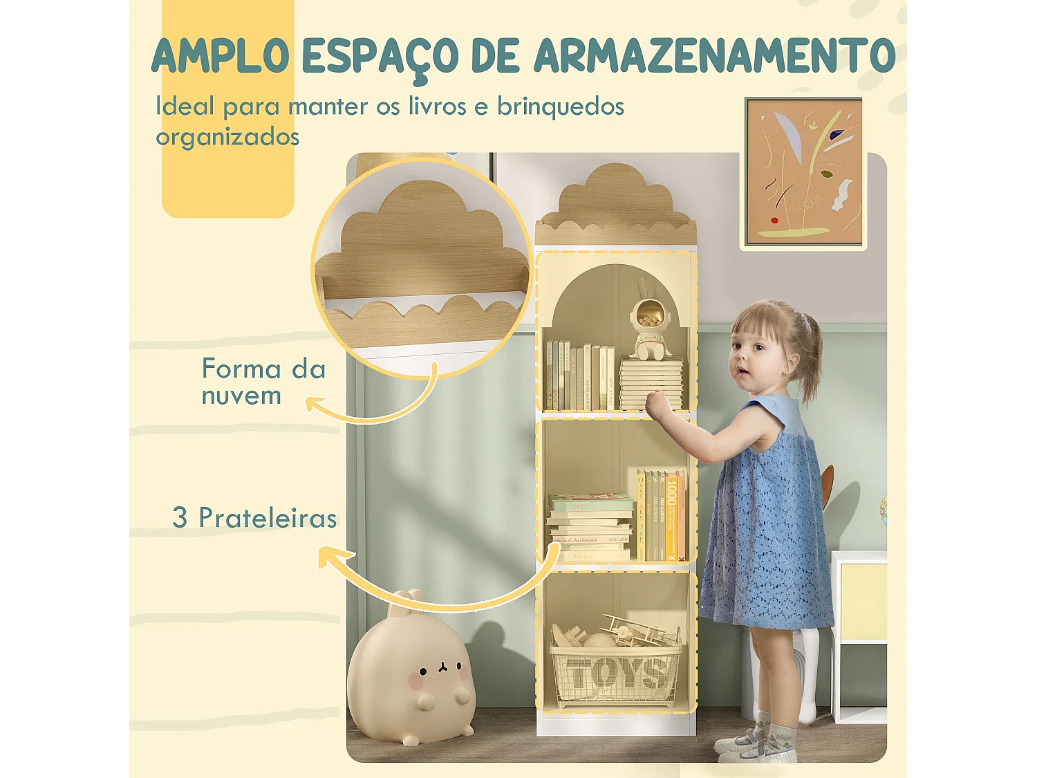 Estantería infantil Camelia Aiyaplay 3 estantes +3A blanco/natural 139,5x40x30 cm