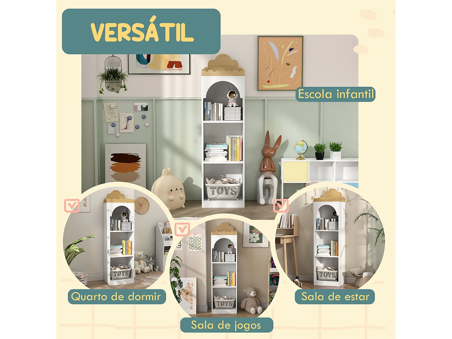 Estantería infantil Camelia Aiyaplay 3 estantes +3A blanco/natural 139,5x40x30 cm