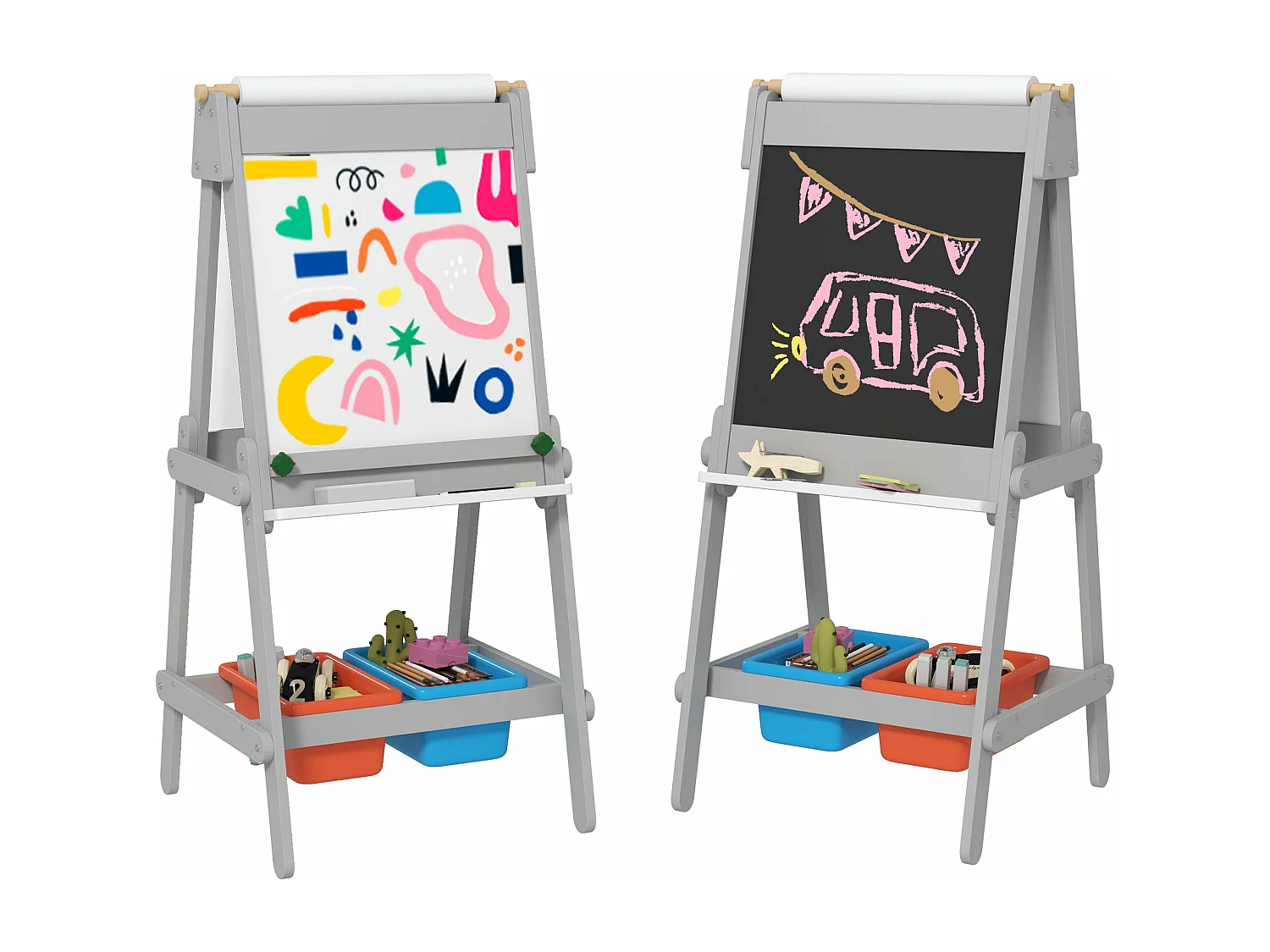 Cavalete de Pintura 3 em 1 para Crianças AIYAPLAY - Ardósia Dupla com Papel e Armazenamento