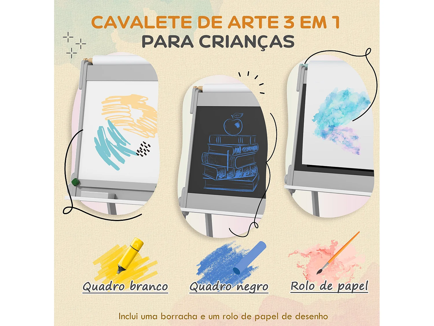 Cavalete de Pintura 3 em 1 para Crianças AIYAPLAY - Ardósia Dupla com Papel e Armazenamento