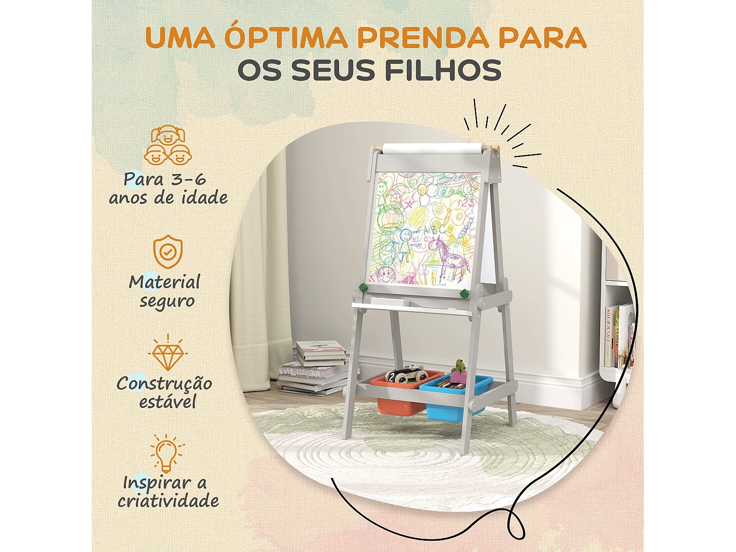 Cavalete de Pintura 3 em 1 para Crianças AIYAPLAY - Ardósia Dupla com Papel e Armazenamento
