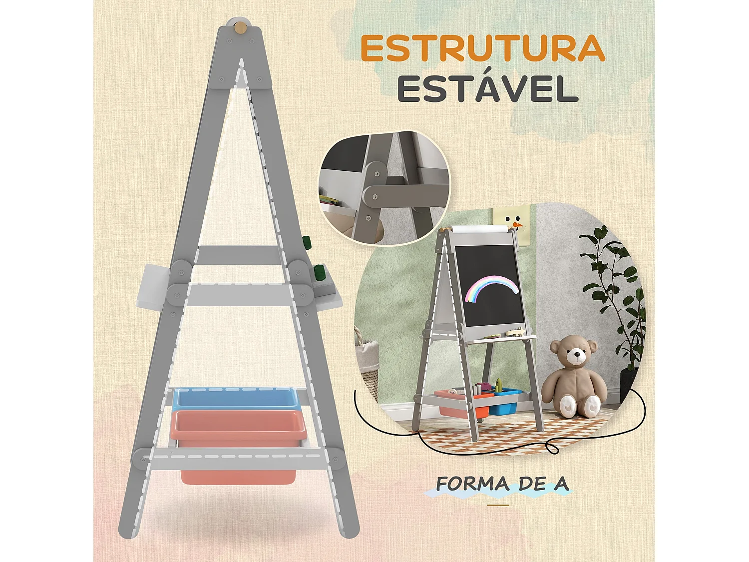 Cavalete de Pintura 3 em 1 para Crianças AIYAPLAY - Ardósia Dupla com Papel e Armazenamento