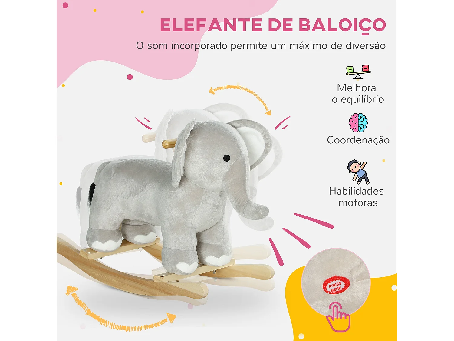 Cavalo Baloiço Elefante AIYAPLAY para Crianças de 2 a 4 Anos com Som e Base de Madeira