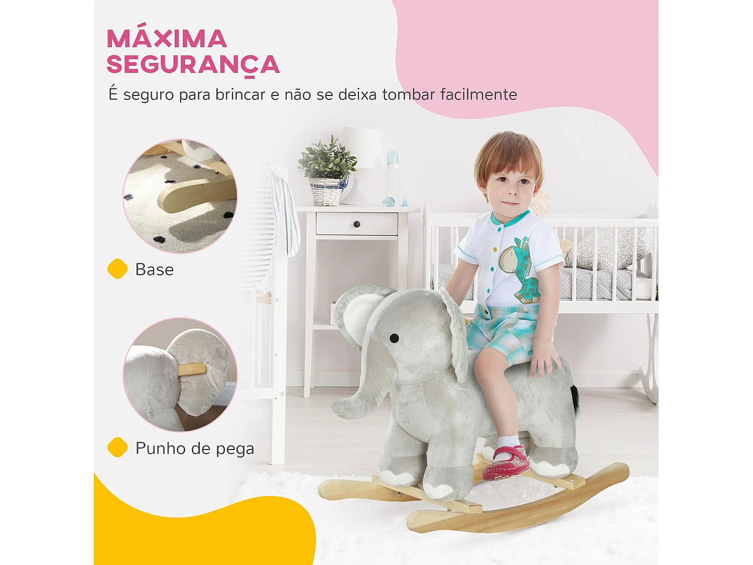 Cavalo Baloiço Elefante AIYAPLAY para Crianças de 2 a 4 Anos com Som e Base de Madeira