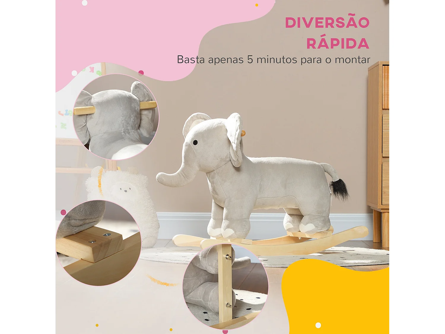 Cavalo Baloiço Elefante AIYAPLAY para Crianças de 2 a 4 Anos com Som e Base de Madeira