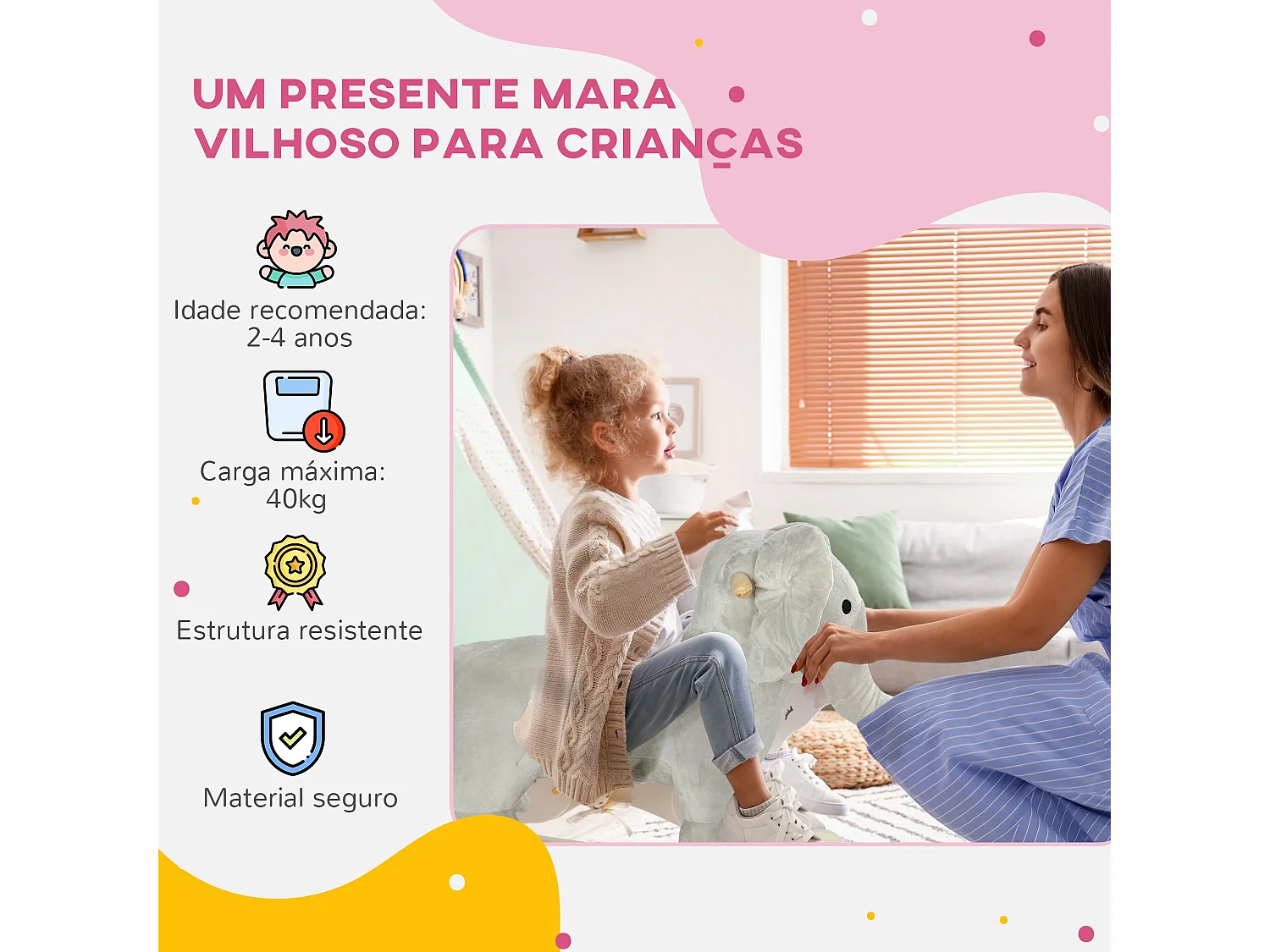 Cavalo Baloiço Elefante AIYAPLAY para Crianças de 2 a 4 Anos com Som e Base de Madeira