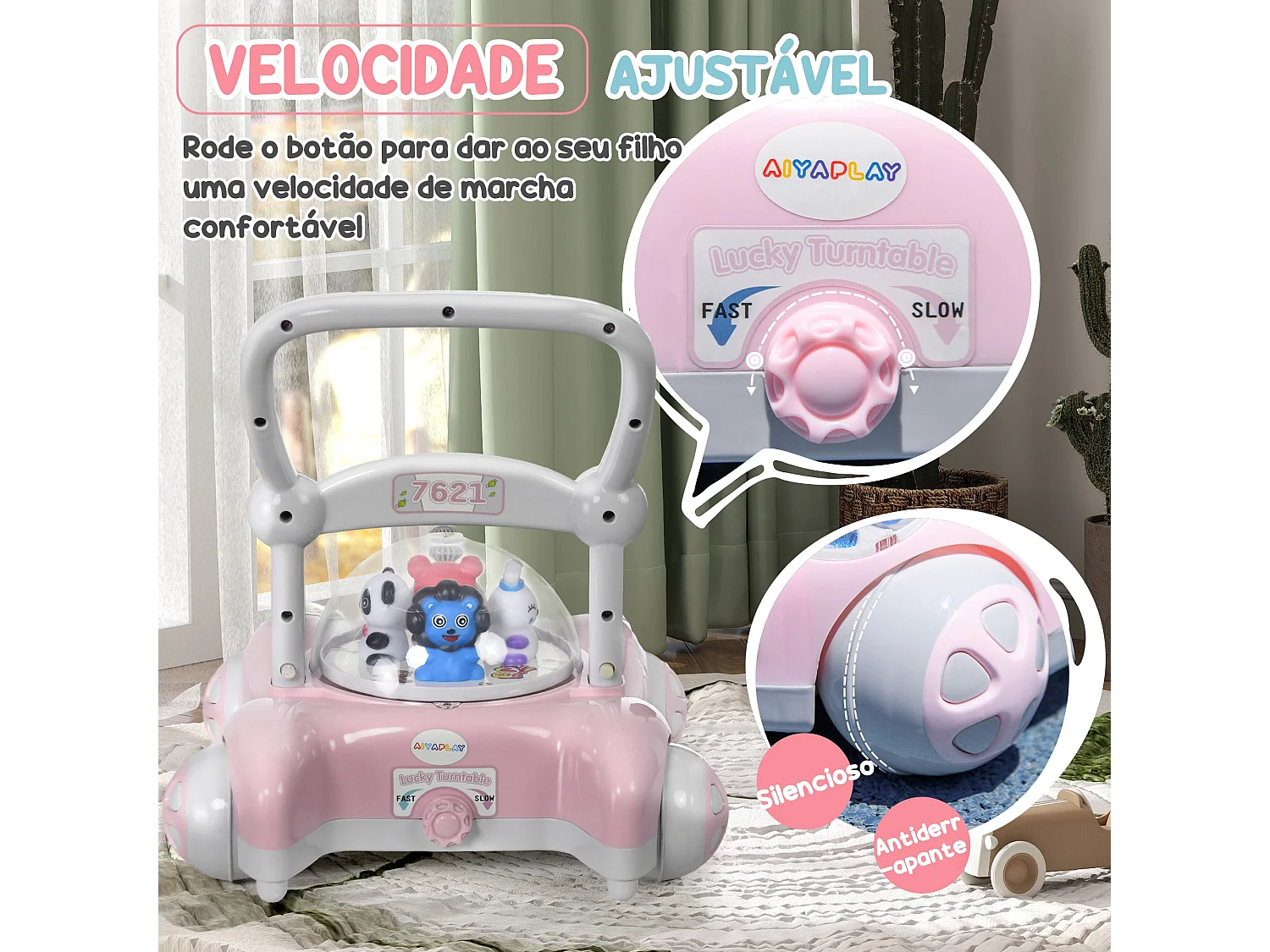 Andador Ajustável para Bebés AIYAPLAY com Música e Luzes - Ideal para Crianças de 1 a 3 Anos