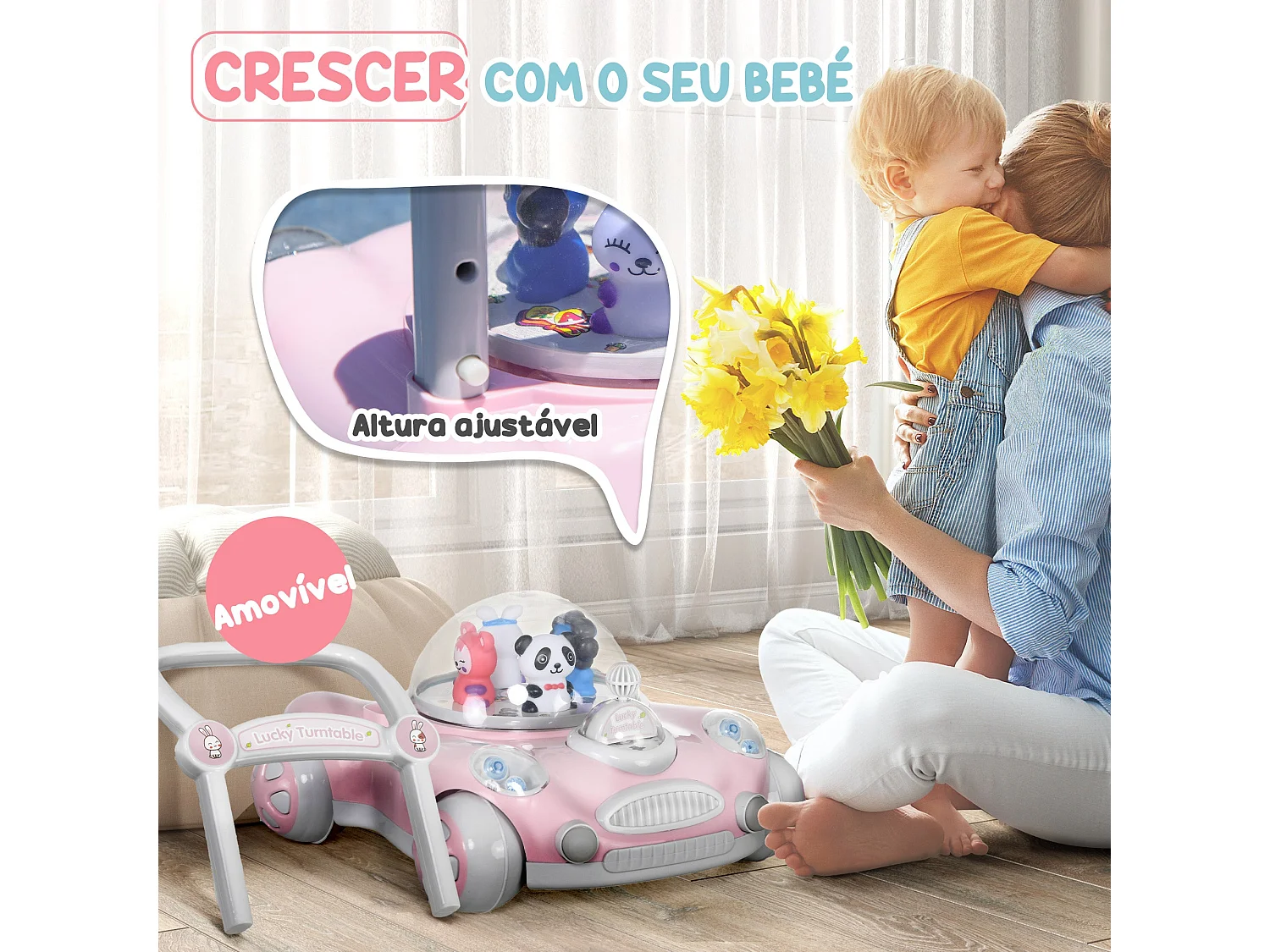 Andador Ajustável para Bebés AIYAPLAY com Música e Luzes - Ideal para Crianças de 1 a 3 Anos